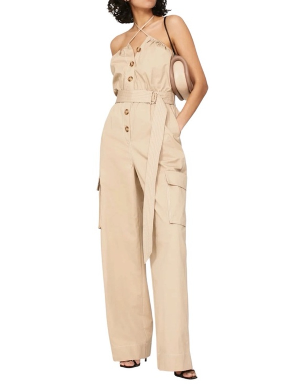 Halston Bari  Khaki Utility Cargo Jumpsuit with Belt